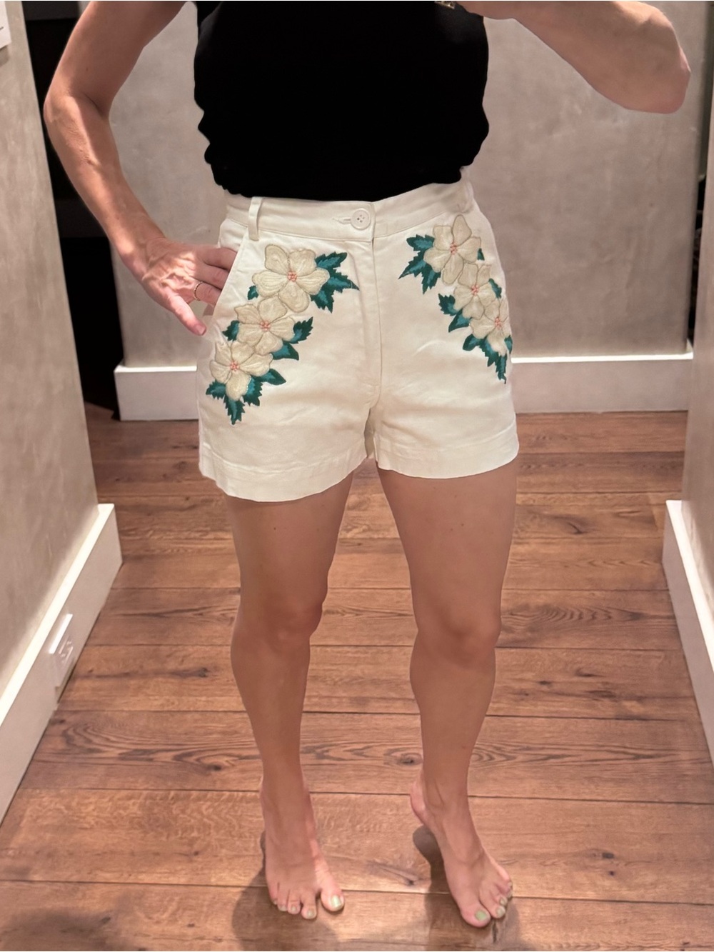 Antik Batik White High-Waist Embroidered Floral Shorts